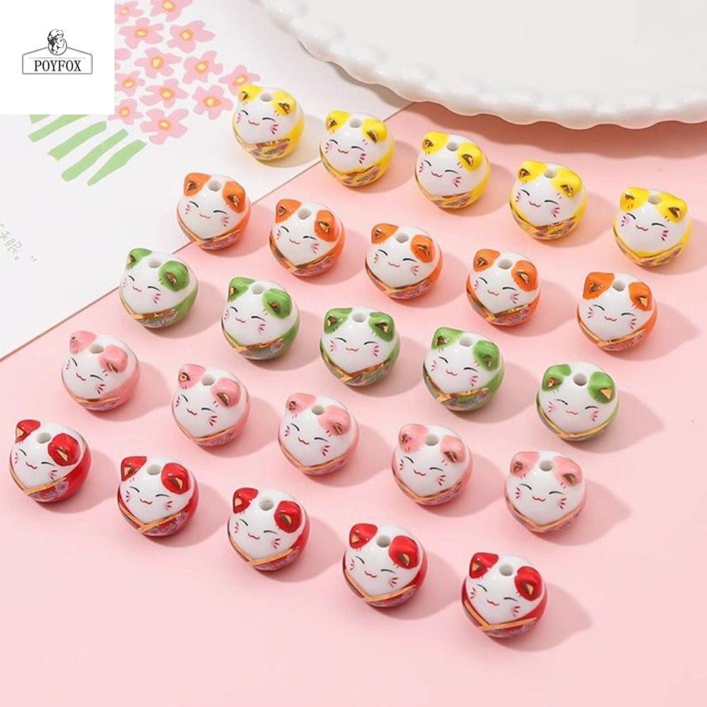 POYFOX Maneki-eko ลูกปัด, สร้อยคอแมว Plutus ลูกปัดแมว, เซรามิกทํามือสวยญี่ปุ่น DIY เครื่องประดับจี้อ