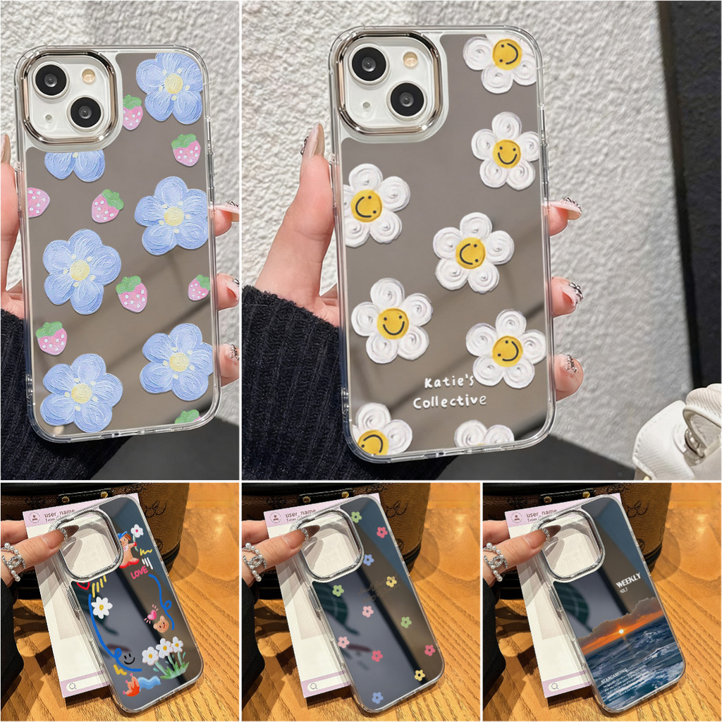 เคสโทรศัพท์มือถือแบบกระจก For IPhone 17 16 11 Pro Max 12 13 14 15 Pro Case เคสไอโฟน ลายดอกไม้ กรณีโทรศัพท์มือถือชุบกระจก