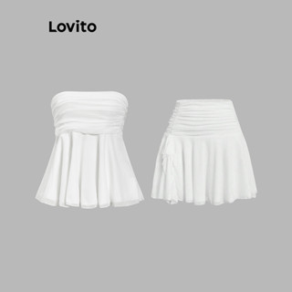 Lovito กระโปรงลําลองกระโปรงผ้าเดรปเย็บธรรมดาสําหรับผู้หญิง L…