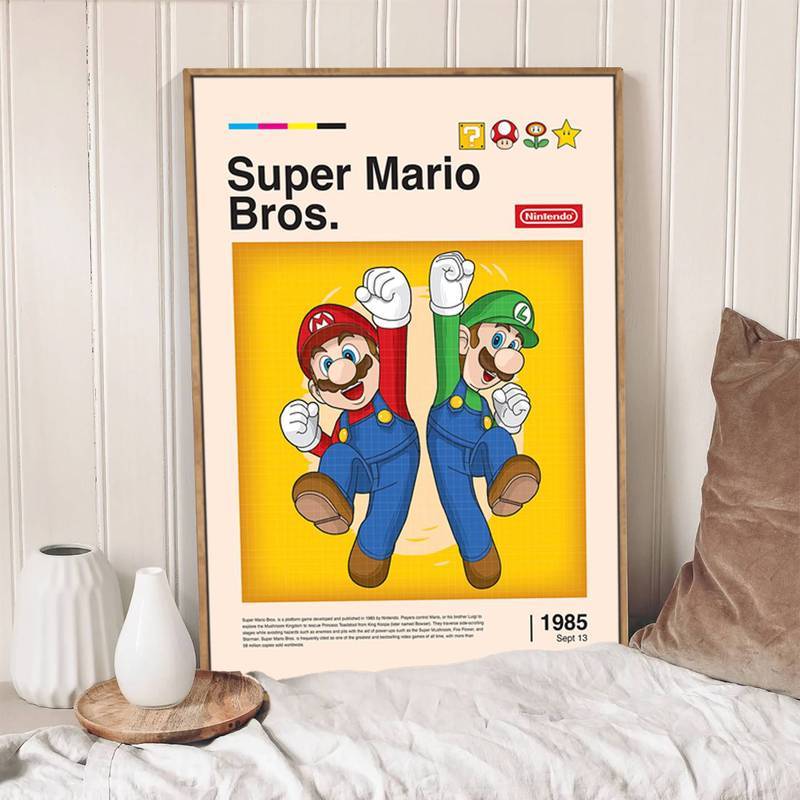 Super Mario Retro Vintage เกม Unframed กันน้ํา HD ผ้าใบ Wall Art ห้องนั่งเล่นตกแต่งห้องนอน