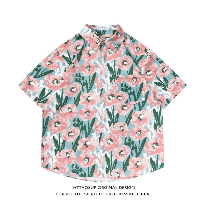 เสื้อสงกรานต์ผู้หญิง ลายดอกไม้ แขนสั้น ลายดอกไม้สีฟ้าชมพู เสื้อฮาวาย thumbnail 10