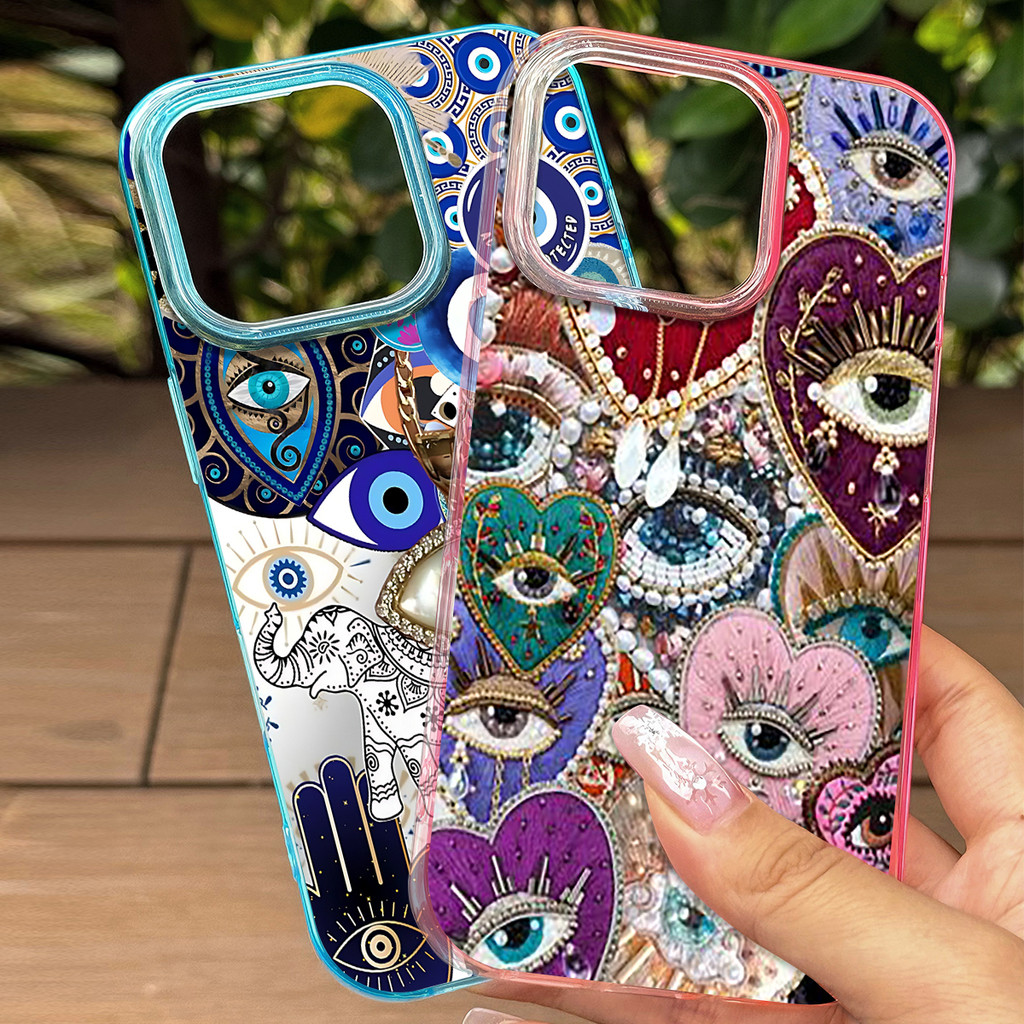 เคสโทรศัพท์สีฟ้าและชมพูใส ลวดลายดวงตาเพชร ใช้ได้กับ iPhone 13Pro/11/12ProMax/14/15/16 เคสใสคุณภาพสูงช่วยปกป้องเลนส์กล้อง