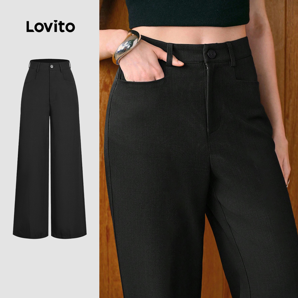 Lovito กางเกงสีดําคลาสสิกและหลากหลายสําหรับฤดูใบไม้ผลิ/ฤดูร้อนสําหรับผู้หญิง L172LD350