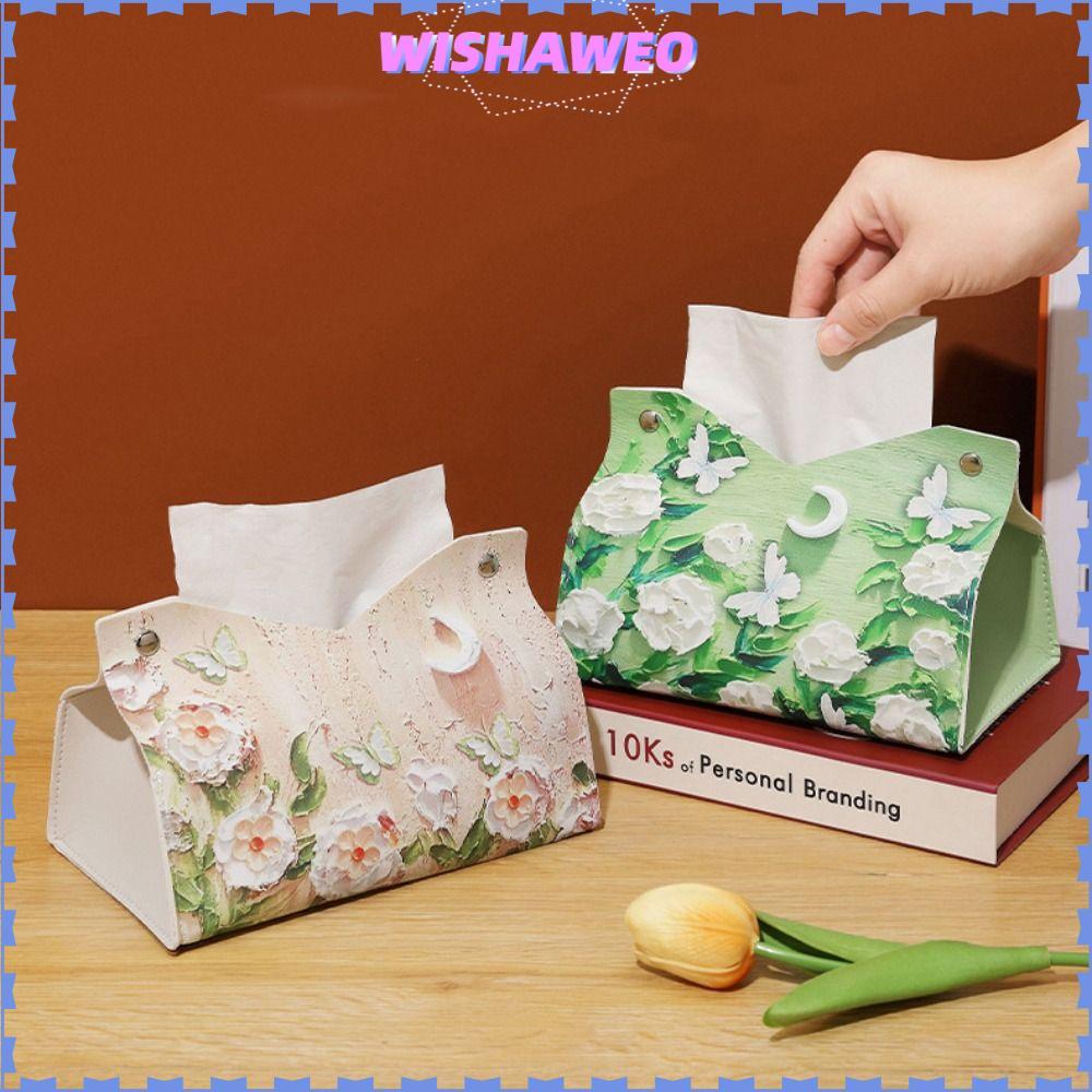 WISHAWEO ที่วางกล่องกระดาษทิชชู, หนัง PU ภาพวาดสีน้ํามันผ้าเช็ดปากคอนเทนเนอร์, Vintage ทนทานตกแต่งกระดาษเนื้อเยื่อห้องน้ํา