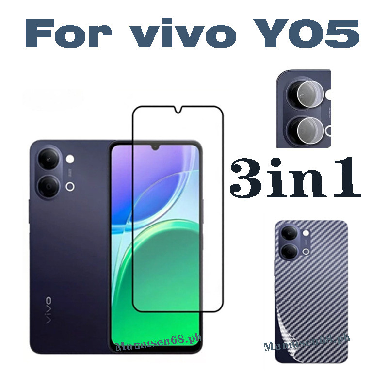 3 YN 1 กระจกนิรภัยสําหรับ Vivo Y05 Y31D Y31 Y21D Y04 Y19S Y39 Y18 กระจกนิรภัยป้องกันหน้าจอ + ด้านหลังคาร์บอนไฟเบอร์ป้องกันหน้าจอฟิล์ม + เลนส์กล้อง Protector
