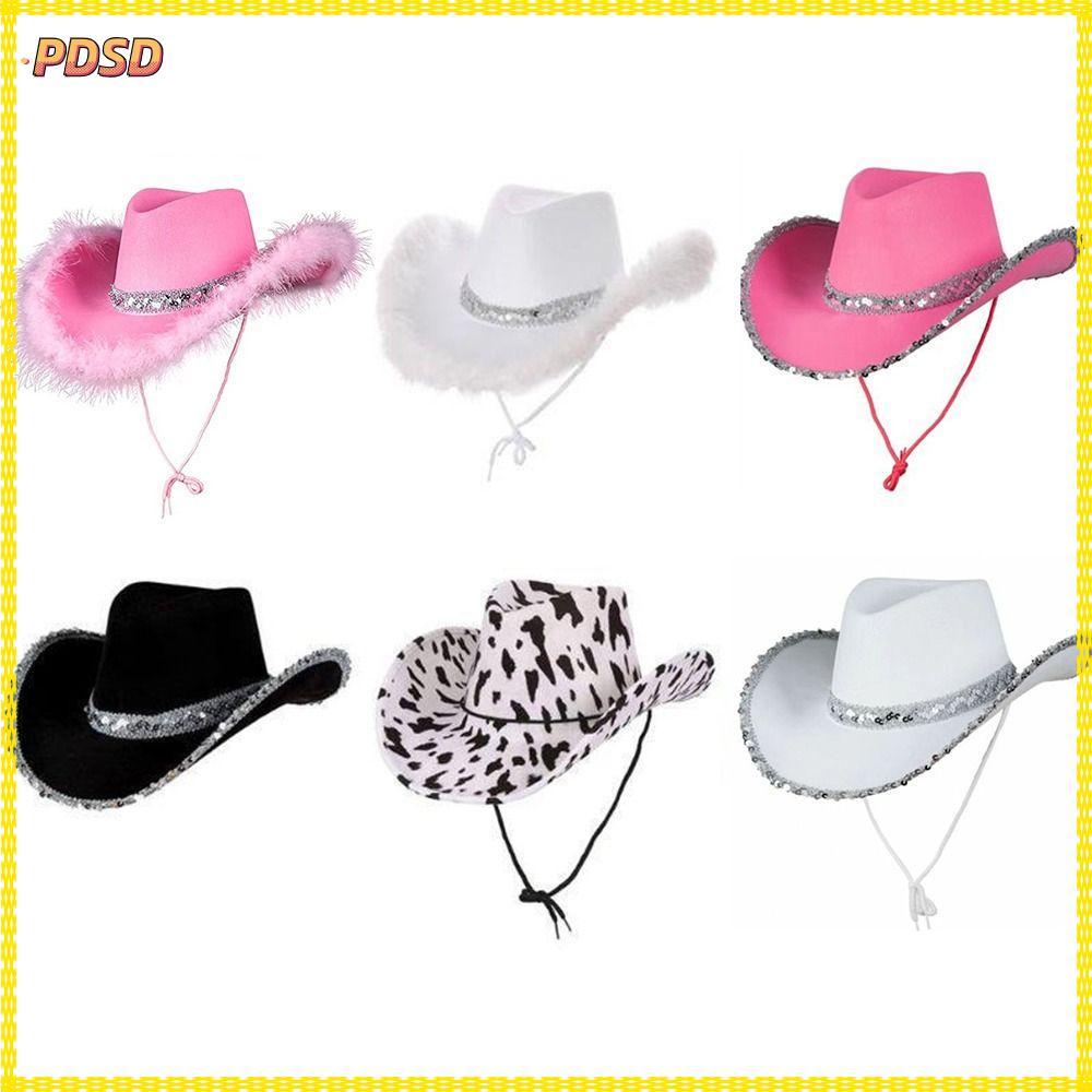 PINGD Cowgirl หมวกเลื่อมแฟชั่นผู้หญิงตลกประสิทธิภาพเลื่อม Cowgirl หมวก