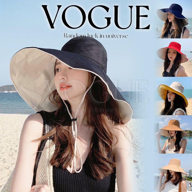 Vogue🌟พร้อมส่ง🌟 หมวกปีกกว้าง 2​ ด้าน กันแดด สีสันสดใส มีเชือกรัดใต้คาง หมวกกันแดด เนื้อผ้าหนา (MK-21)