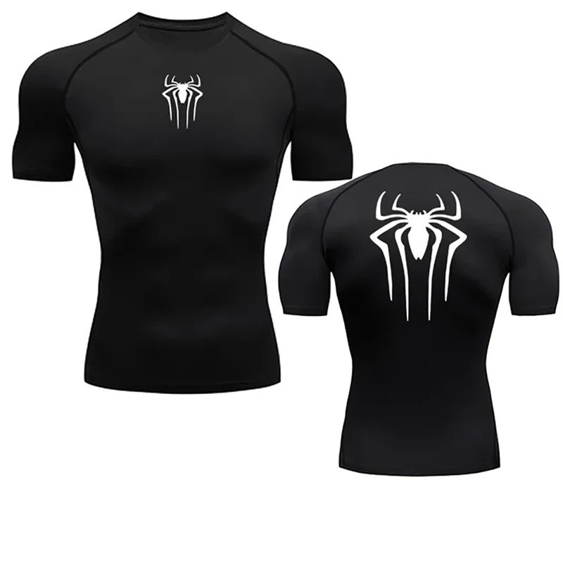 Men's Fitness Quick Dry T Shirts Spider Print Athletic Compression Shirts Breathable Casual Short Sl