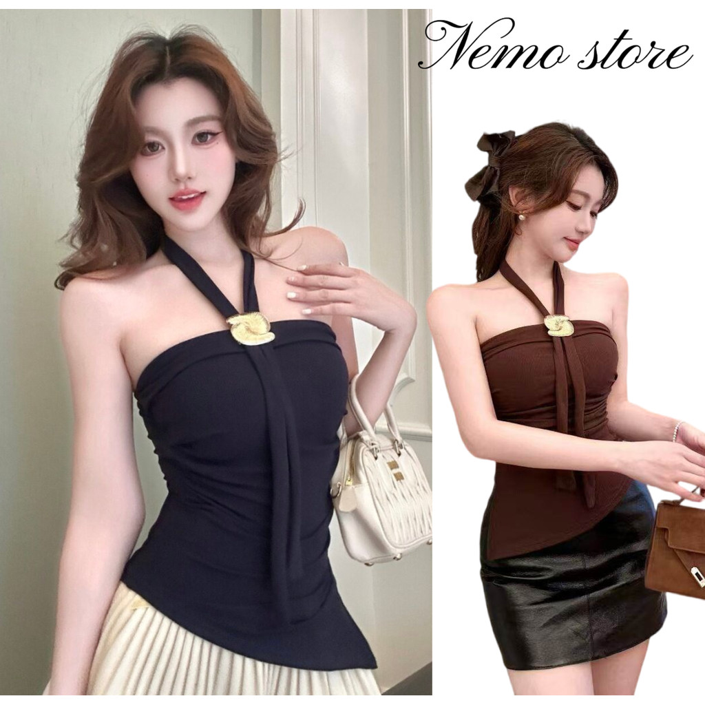 Nemo #FY2921 เสื้อเกาะอก เสริมฟองน้ำ ดีเทลเรียบๆ แถมเชือกคล้องคอและอะไหล่