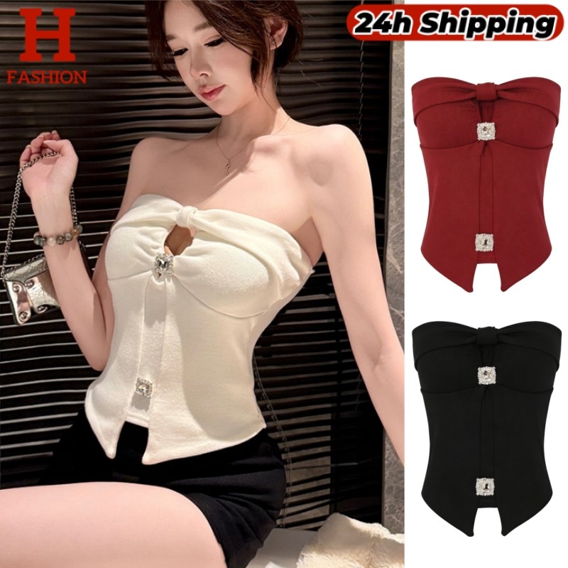 HOT 'พร้อมส่ง' เสื้อเกาะอก มีฟองน้ำ รัดรูป ทรงสวย แต่งเพรชเทียม FY5609