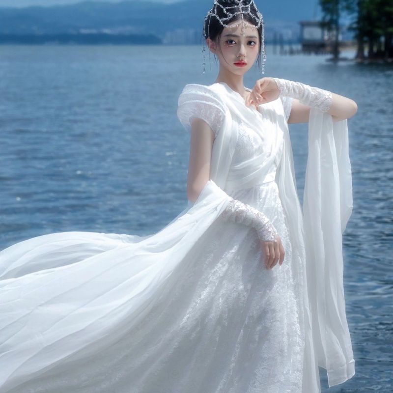 Xiyao สไตล์เดียวกัน Elegant Fairy กระโปรงยาวตํานานดาบและ Fairy Travel การถ่ายภาพ Yang Mi Photo Super