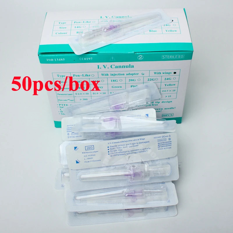 50 ชิ้นทิ้ง IV Cannula Intravenous ฉีด Catheter ที่มีปีก 22G 24G 26G Veterinary ขนาดเล็ก Winged IV C