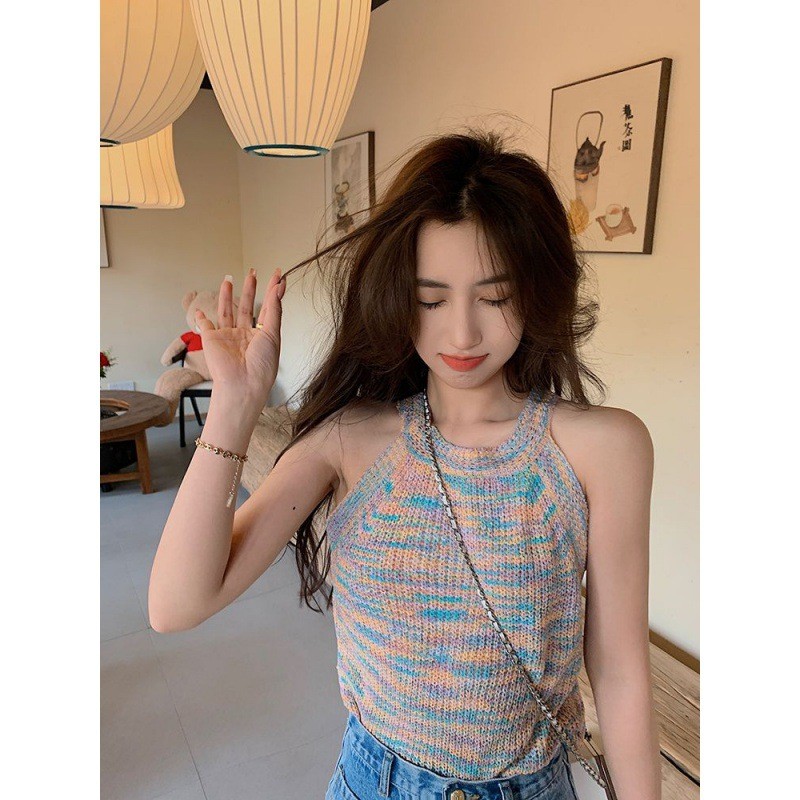 เสื้อกั๊กดูสายรุ้งฤดูร้อนคอสวมใส่ด้านนอกอินเทรนด์ไหล่เกาหลีรั่วถักเบาะกระดูกไหปลาร้าสลิงด้านบนแขนกุด