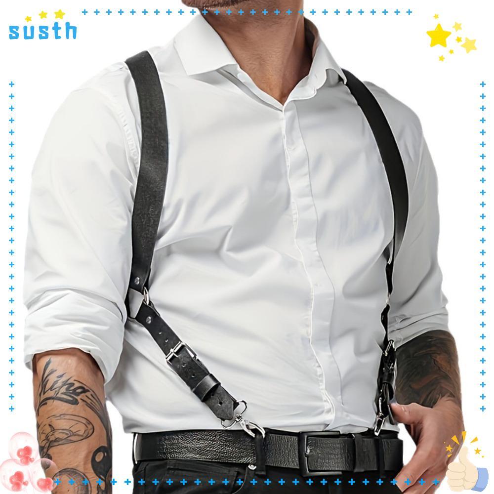 SUSTH Men Suspenders, 2 คลิป Heavy Duty Hooks, แฟชั่นวินเทจเข็มขัดหนังปรับได้สําหรับกางเกงยีนส์