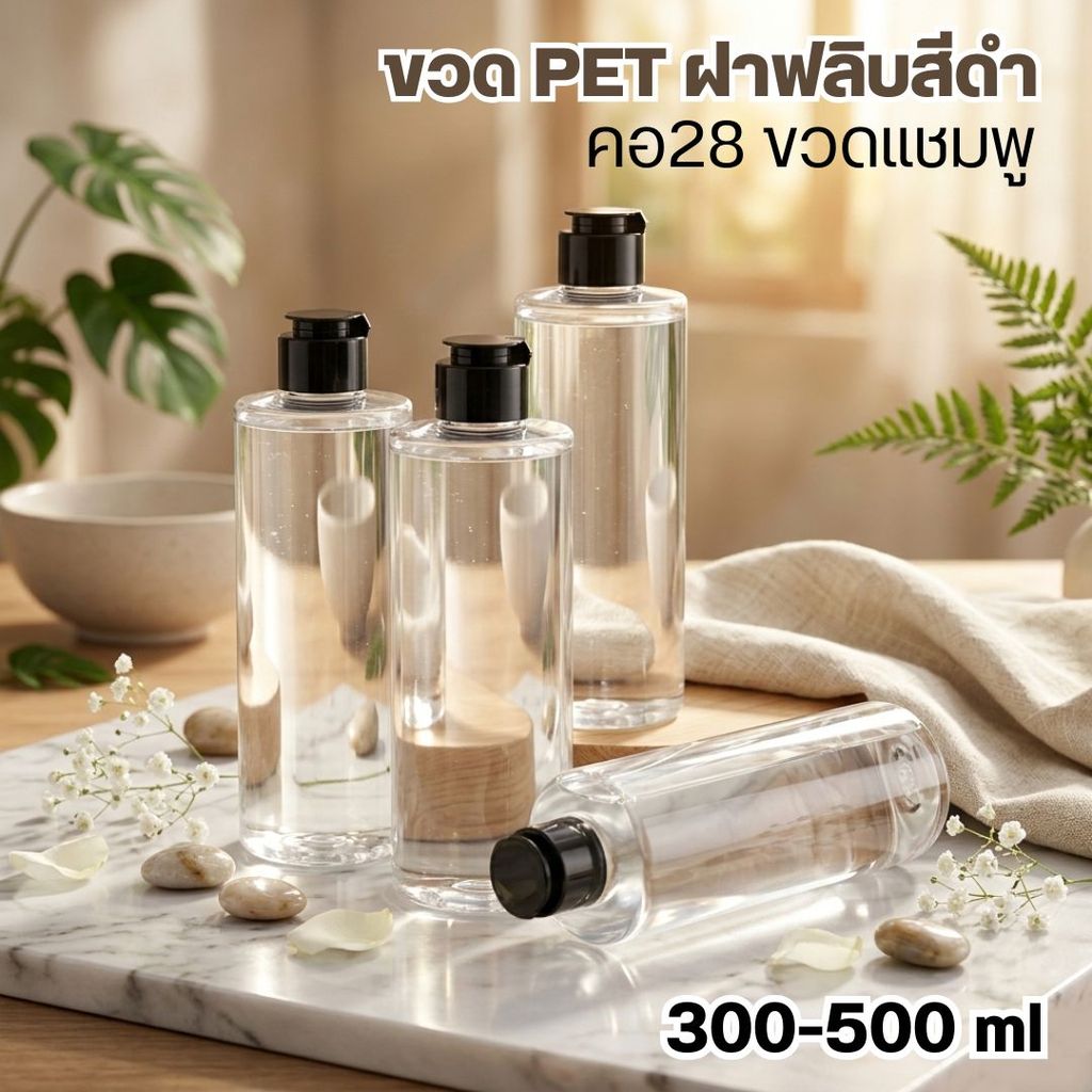 💧💧ขวด PET 300-500 mlทรงตรง+ฝาฟลิบสีดำ คอ​28 ขวดแชมพู พร้อมส่ง ❤️by innotrend❤️