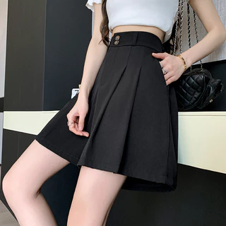 กางเกงขาสั้นเอวสูงสไตล์เกาหลี ทรงA-line สีดำ สำหรับคนชอบแฟชั่น