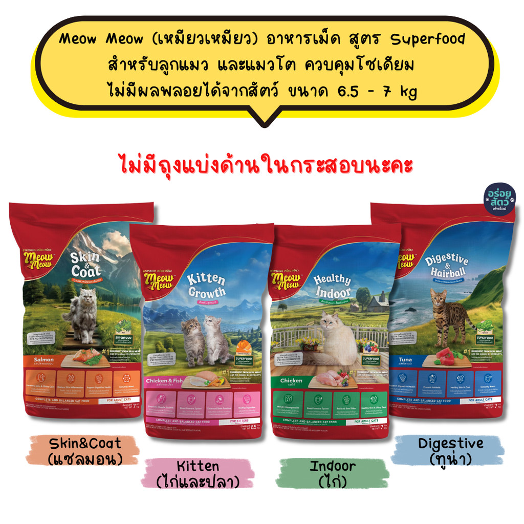 Meow Meow เหมียว เหมียว อาหารเม็ดสูตร Superfood สำหรับลูกแมวและแมวโต ควบคุมโซเดียม ไม่มีผลพลอยได้จากสัตว์ ขนาด 6.5-7 kg