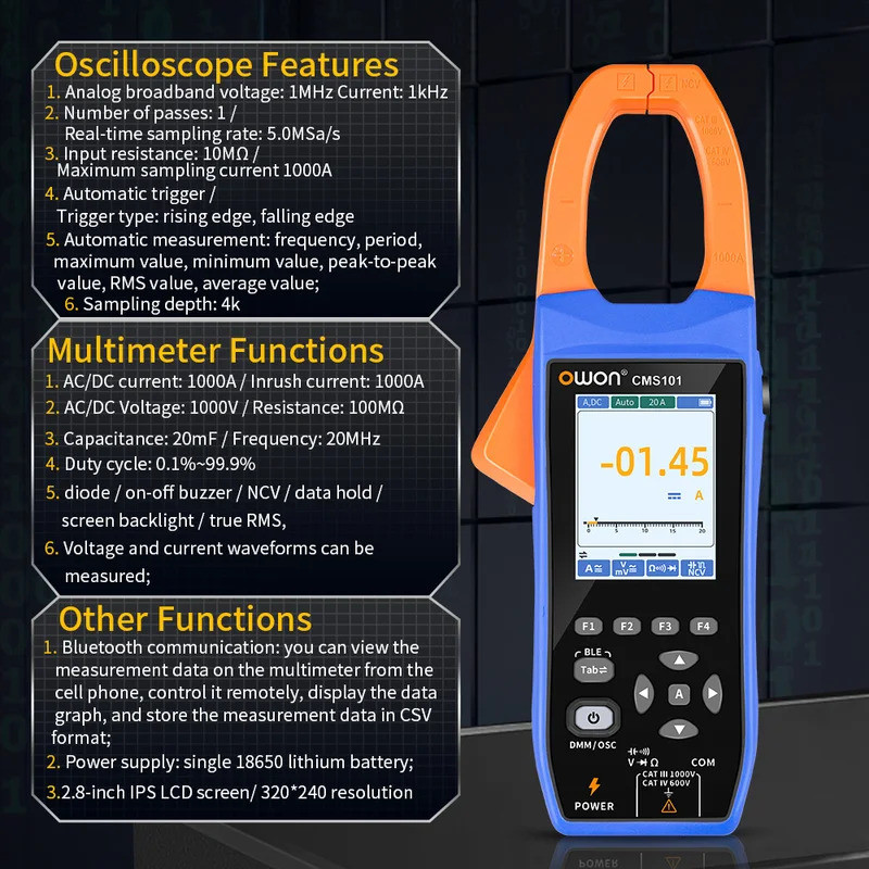 Owon CMS101 3 in 1 1000A AC/DC Clamp Meter + Oscilloscope เครื่องบันทึกบลูทูธฟังก์ชั่น 18650 แบตเตอร