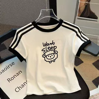 Big Girl Short-Sleeved Clothes (ผ้าฝ้าย 100-170 ขนาด) Girls Pure Cotton Hello Kitty เสื้อยืดแขนสั้นฤดูร้อนสไตล์ใหม่ขนาดกลางขนาดใหญ่ All-Match สาวการ์ตูนสามบาร์อินเทรนด์
