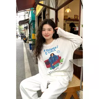 ส่งไวจากไทย เสื้อยืดผู้หญิง แขนยาว พิมพ์ลาย ทรงหลวม ใส่สบาย กันแดด ปาดไหล่ Lalita