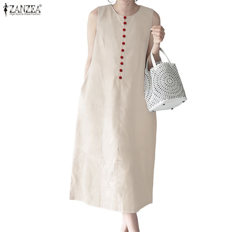 ZANZEA ใส่ ซานเซีย ผู้หญิงเกาหลีทุกวันสบายๆรอบคอครึ่งกระดุมสีคมชัดหลวมถังชุด