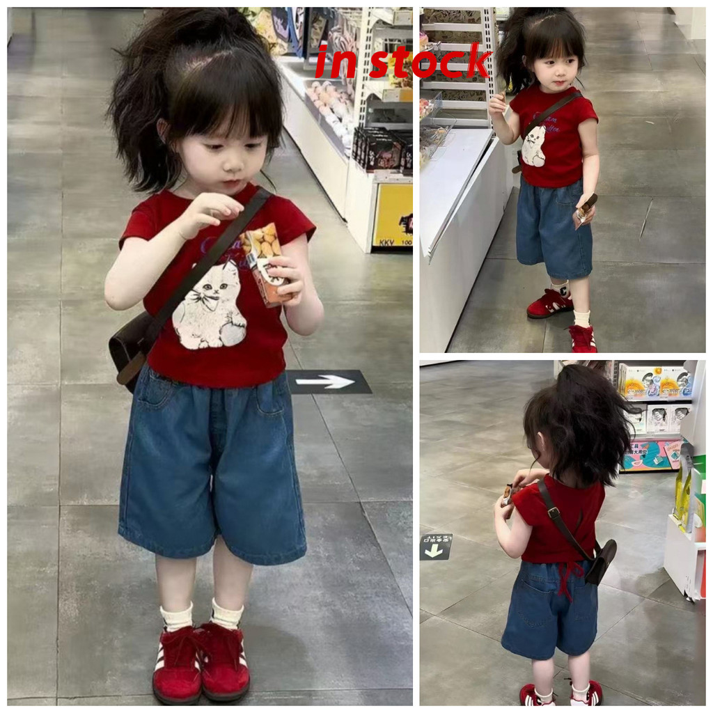 [Grojoy] ชุดยีนส์เด็กผู้หญิง แขนสั้นการ์ตูน สีแดง+กางเกงขาสั้นหลวม สำหรับฤดูร้อน GRL908