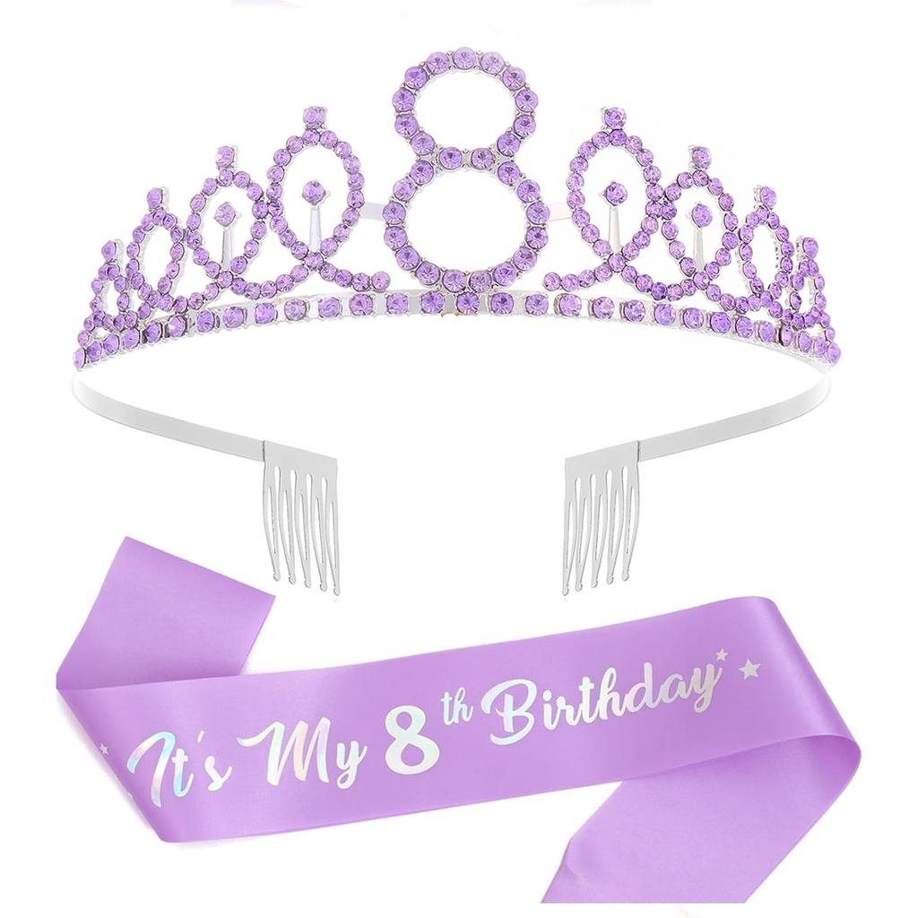 8th Birthday Crown & Birthday Sash Set,8th Birthday Gifts for Girl 8th Birthday Decorative Girl