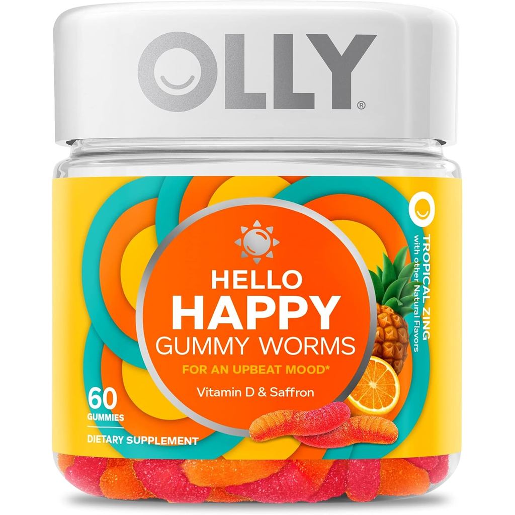 OLLY Hello Happy Gummy Worms พอร์ต Mood Balance วิตามินดี Saffron ขยายเคี้ยวสําหรับผู้ใหญ่ Tropical 