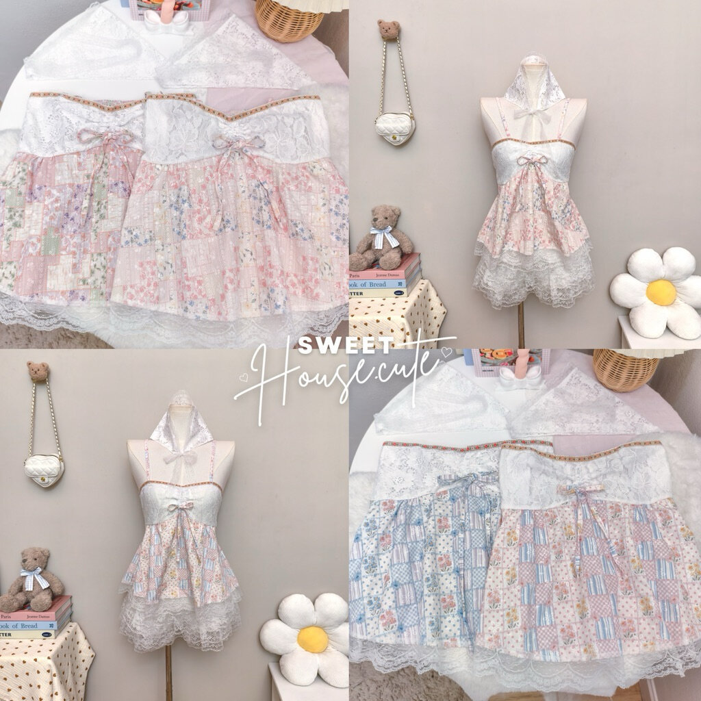 🧸 SweetHouse #722 🌻 เสื้อสายเดี่ยวตัวยาว (Rossy ผ้าบาง) แต่งด้วยลูกไม้แถมฟรีผ้าโพกผม + กางเกงลูกไม้ระบาย 4 ชั้นน่ารักมาก