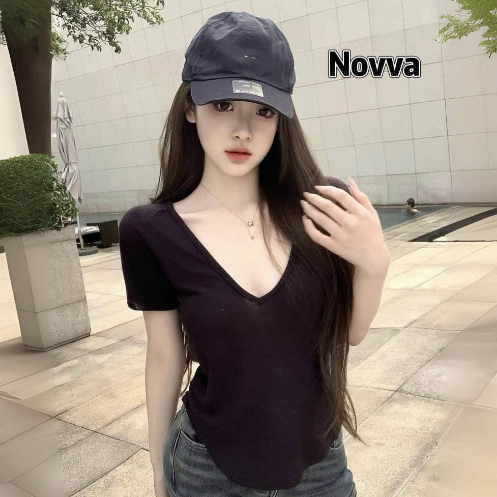 Novva ส่งไวจากไทย เสื้อยืดคอวี แขนสั้น ป้องกันแดด ทรงหลวม ผ้ายืด ใส่สบาย มีให้เลือกสี่สี
