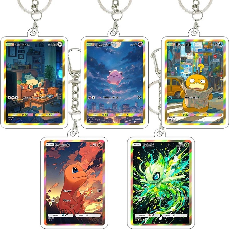 พวงกุญแจโปเกมอนจําลองการ์ดไมก้าอะคริลิคสําหรับตกแต่ง Charizard Snorlax Psyduck Charmander Celebi กระ