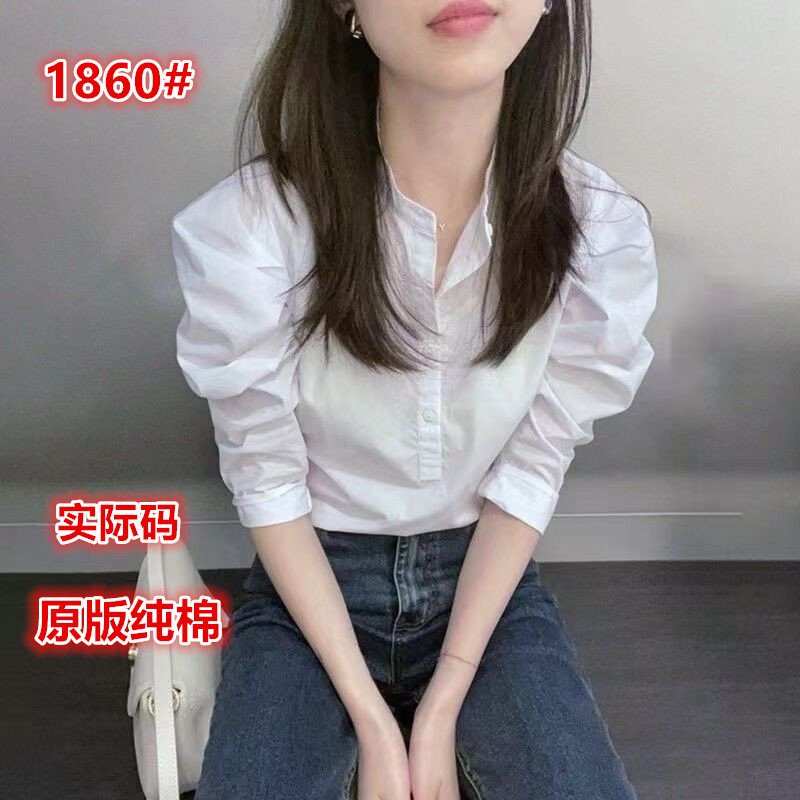 เสื้อเชิ้ตสีขาวผ้าฝ้ายแท้สำหรับผู้หญิง ออกแบบใหม่ในสไตล์เรโตร สวมใส่ง่ายและกระชับเพื่อความสวยงาม