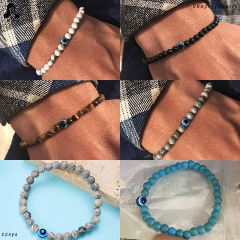 สร้อยข้อมือMinimalistทรงEvil Eyeและหินไพลินสีฟ้าขาว ขนาด6มม. ยืดหยุ่นสำหรับสวมใส่ทุกวัน