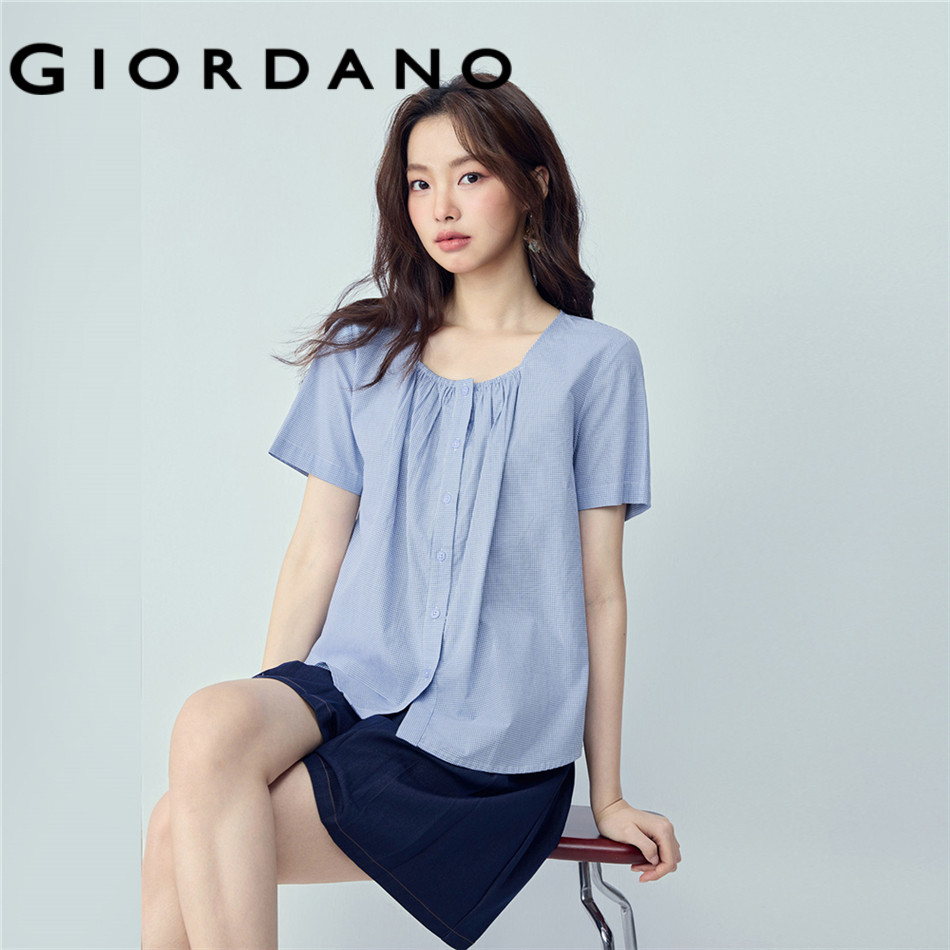 GIORDANO WOMEN Pure Luxurious Cotton Fine Checkered Gathered Square Neck Woven Short-Sleeve Stylish Shirt - Soft & Breathable - Premium Quality 05346483