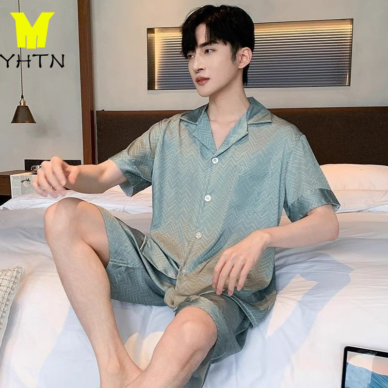 YHTN ชุดนอนผ้าไหมน้ำแข็งผู้ชาย สไตล์ฤดูร้อน แขนสั้น กางเกงขาสั้น สำหรับLoungewear ชุดนอนผู้ชายขาสั้น