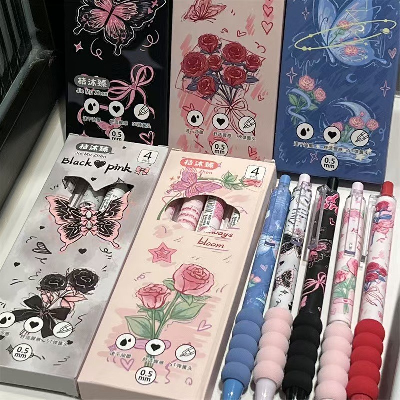 MECHANICAL GEL PEN CONTENTS 4PCS DARK FLORAL COQUETTE Y2K หมึกสีดํา 0.5MM