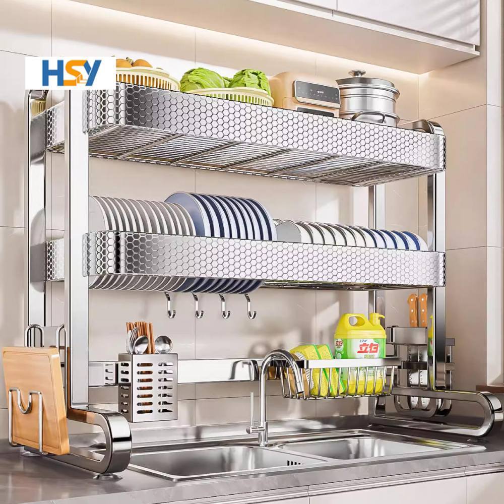 HSY เฮ้ ชั้นวางอ่างล้างจานสแตนเลสพร้อมเคลือบรังผึ้งกว่าอ่างล้างจานจานราวตากผ้ามัลติฟังก์ชั่ครัว ออแกไนเซอร์