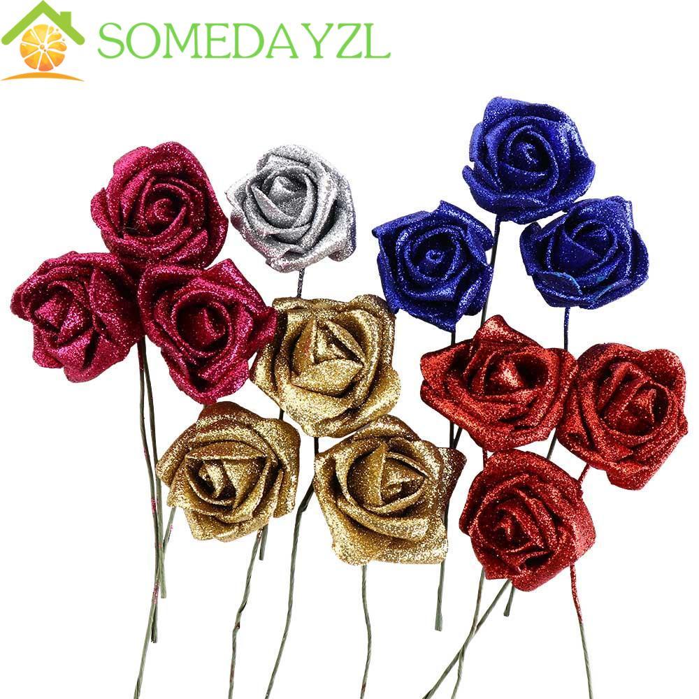SOMEDAYZL โฟมกุหลาบ 10 ชิ้นเจ้าสาวช่อดอกไม้กับ Glitter Powder งานแต่งงาน Decor ดอกไม้ประดิษฐ์