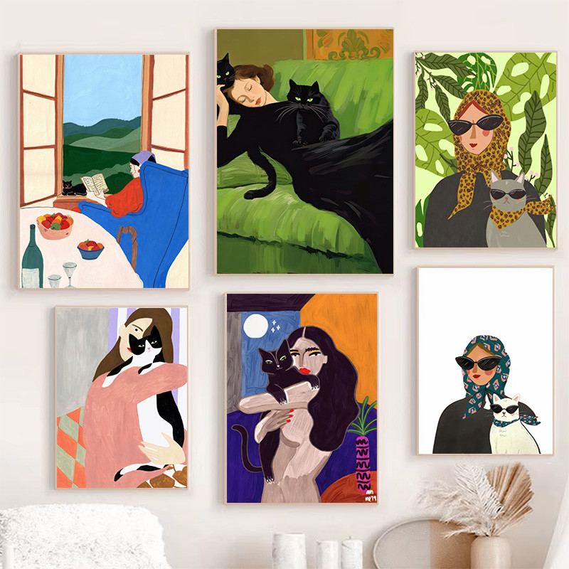 Cat Lady โปสเตอร์นอกหน้าต่างถือแมวอบอุ่นคลาสสิกผ้าใบภาพวาด Wall Art ตกแต่งเหมาะสําหรับห้องนั่งเล่น Balco