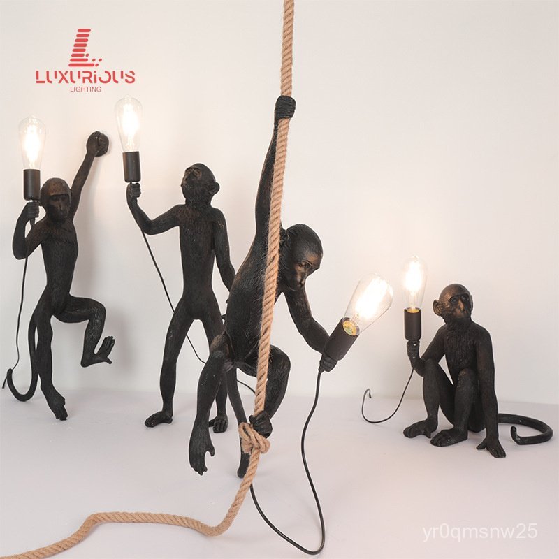 Nordic Monkey Lamp Clothing Store Lamp Retro Industrial Style Animal Resin Italian Hemp Rope Pendant
