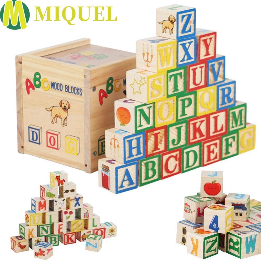 MIQUELZA ของเล่นความรู้ความเข้าใจตัวอักษรและตัวเลขบล็อกตัวต่อไม้,การ์ตูน Montessori ABC Letter Motor Skills Number Stacking Blocks ชายหญิง