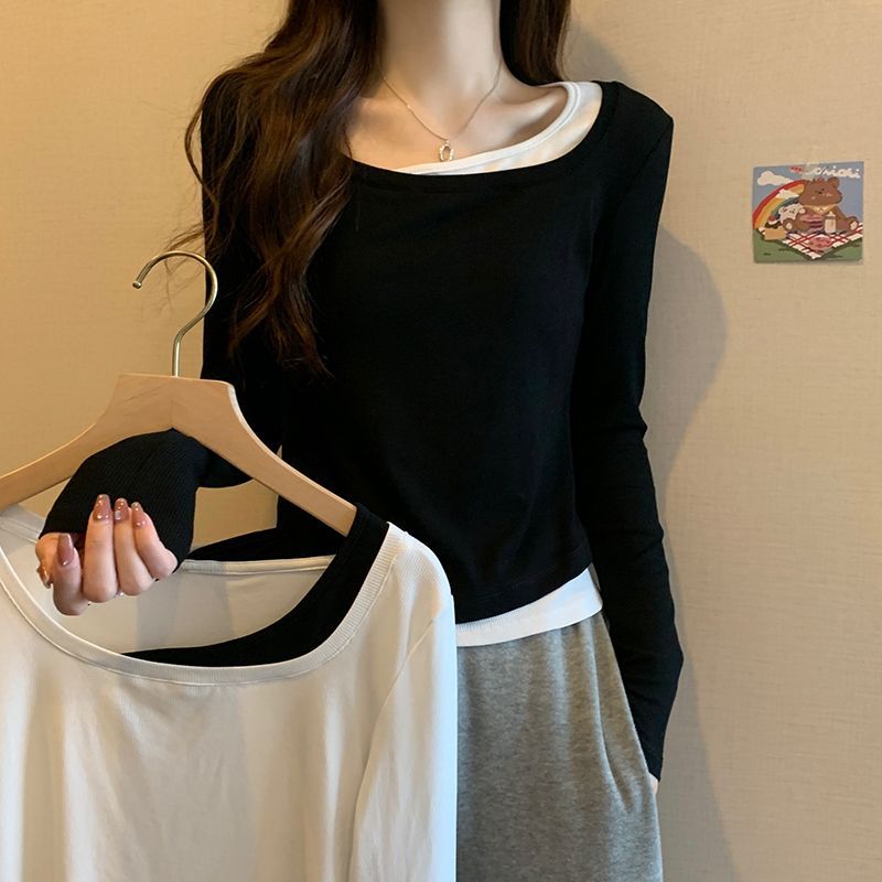 เกาหลีเกาหลี2026ไขมันเล็กน้อยMMผ้าฝ้ายแท้Plusขนาดเสื้อผ้าผู้หญิงไขมันมมสีคมชัดปลอมแขนยาวเสื้อยืดสไตล