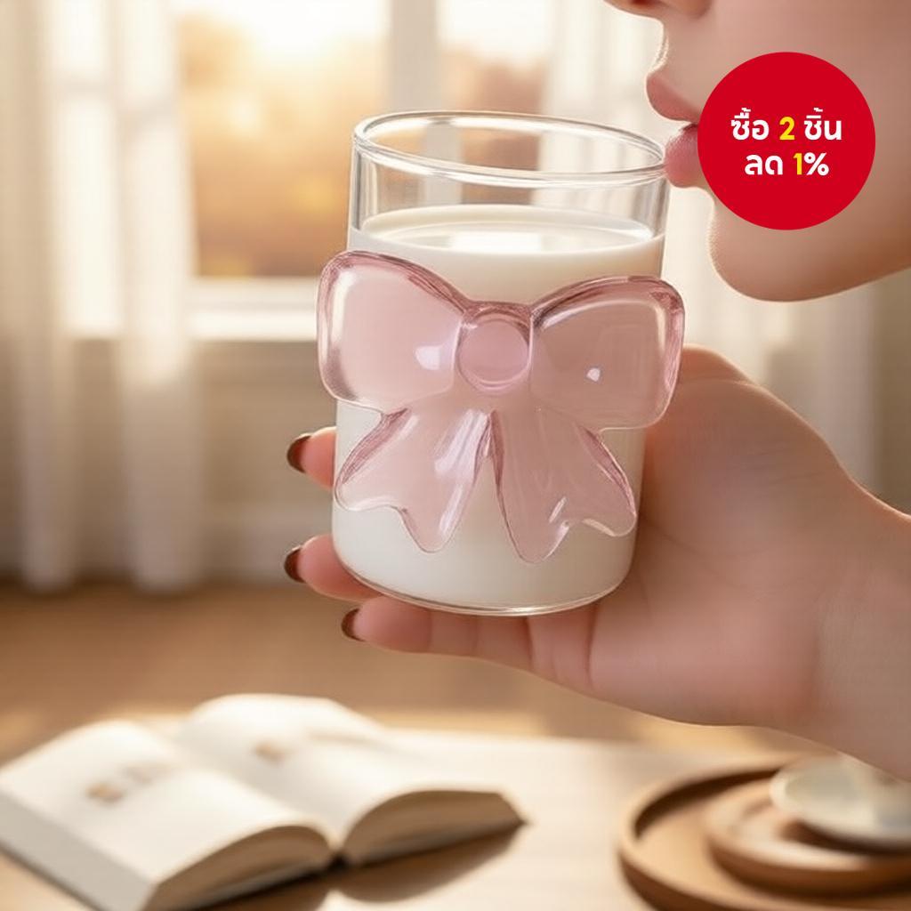 สไตล์ผู้หญิง แก้วน้ําแก้วสีชมพูลายโบว์ – ชามใสทนความร้อน สําหรับนม น้ําผลไม้ และของหวาน – โปรปัง