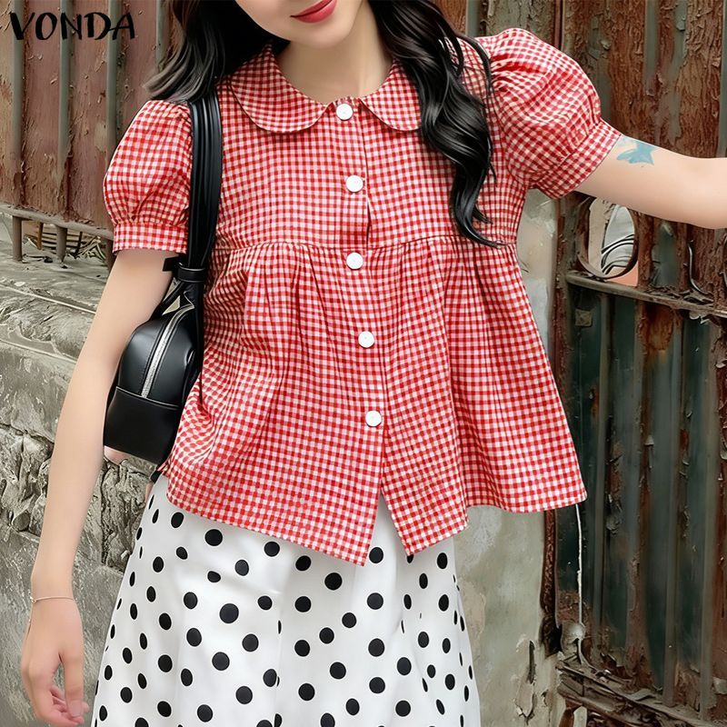 VONDA قميص نسائي كوري كاروهات بياقة دمية — صورة 6