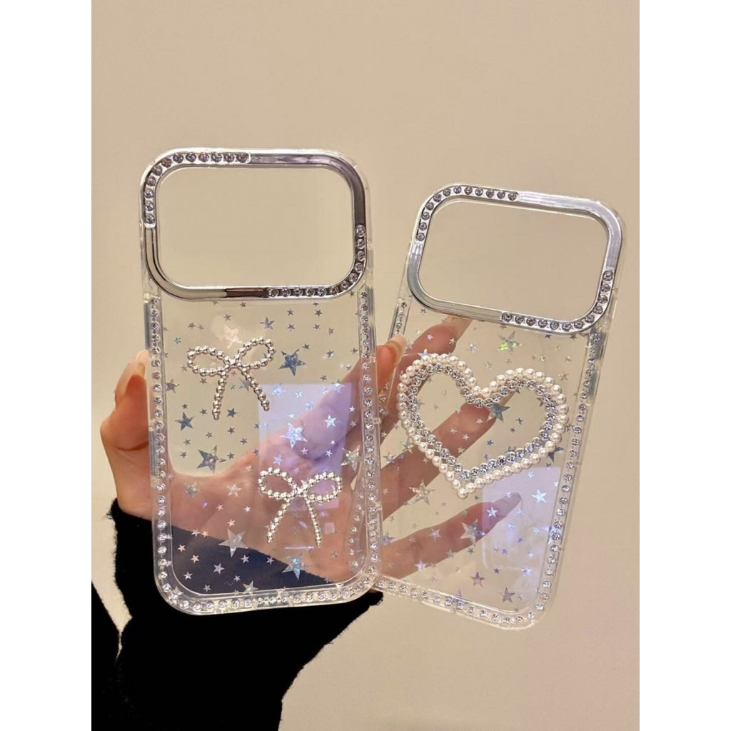 3Dวางโบว์น้ําเพชรขอบIMD Hard CaseสําหรับiPhone 11 12 13 14 15 16 17 Pro Max Plus Airปลอกเลเซอร์รูปดาวห้าแฉกโปร่งใสเคสโทรศัพท์สําหรับiPhone13กรณี
