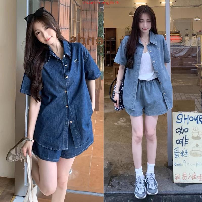 ELFwoo เสื้อยีนส์เลียนแบบโบว์ปักเกาหลี