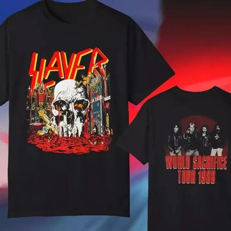 Vintage Slayer 1988 World Sacrifice Tour เสื้อยืดหรูหราสําหรับผู้ชายและผู้หญิง Top Y2k