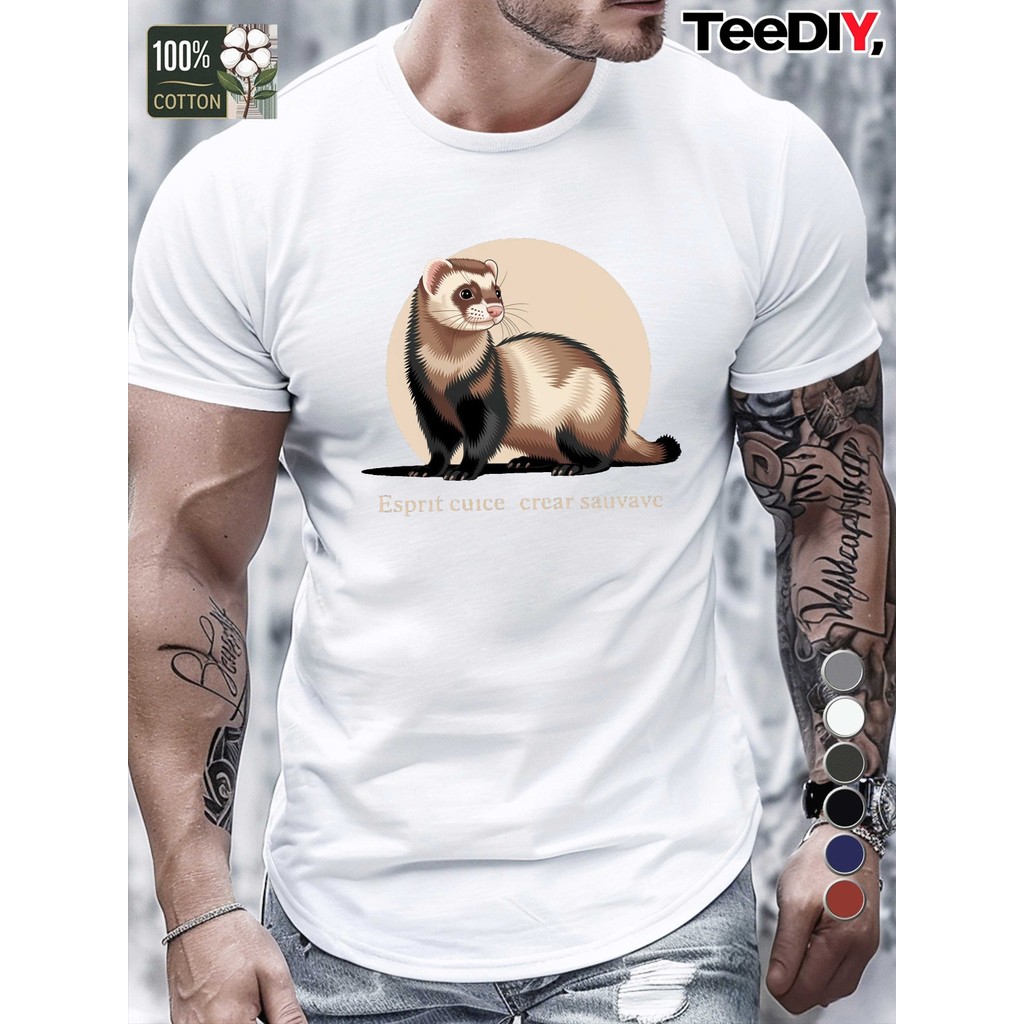 ผู้ชาย เสื้อยืดกราฟิก Curious Ferret Wild Spirit - เสื้อยืดแขนสั้นคอกลมแบบสบาย พร้อมลาย Ferret&"Curi