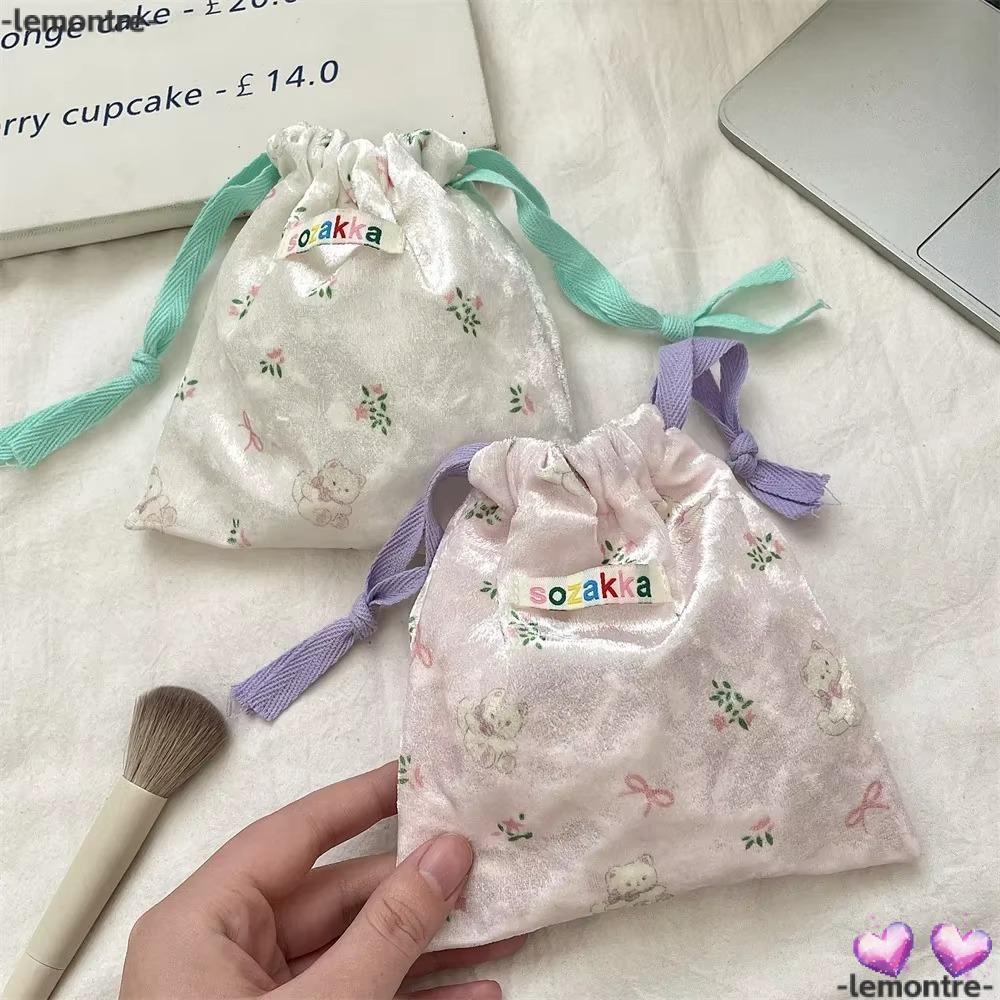 LEMONTRE Drawstring Storage Bag, Cartoon Floral Bear Packaging Bag Jewelry Lipstick Makeup Bag, Trav