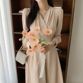 blue long sleeve dress เดรสฟ้าวันแม่ สาวอวบ เดรสผู้หญิง เกาหลี คุณหนู สบายๆ สุภาพ new 2026